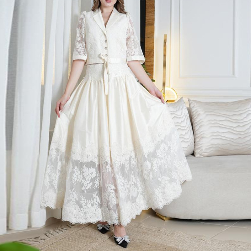 Women's Embroidered Lapel High-Waist Dress Set