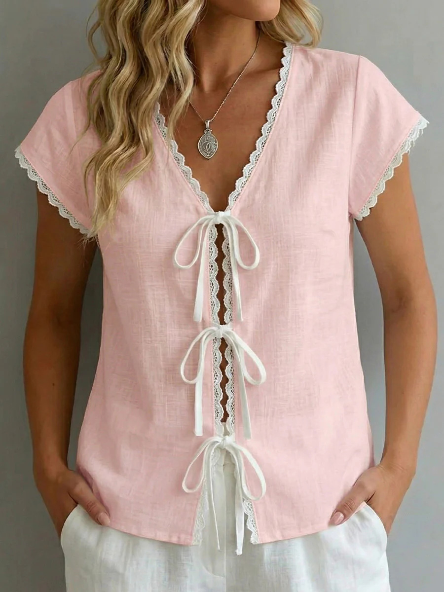 Contrast Lace-Trim Short Sleeve Top 8