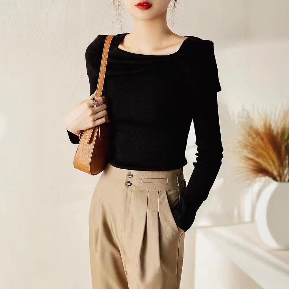 Women's Diagonal-Collar Long-Sleeve Sweater