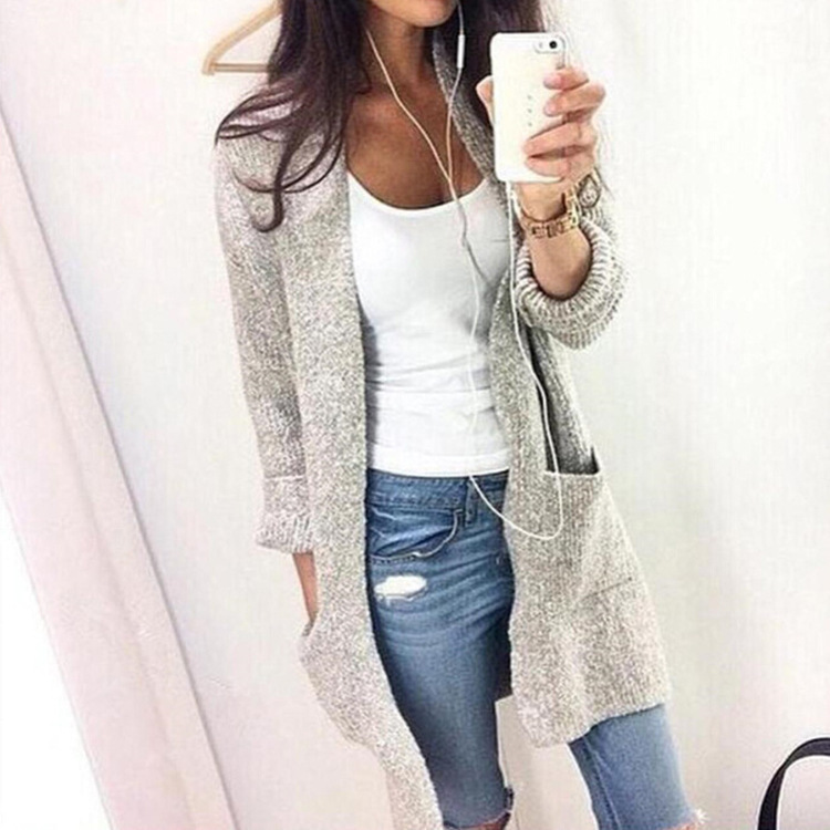 Women's Mid-Length Long-Sleeve Cardigan with Large Pockets