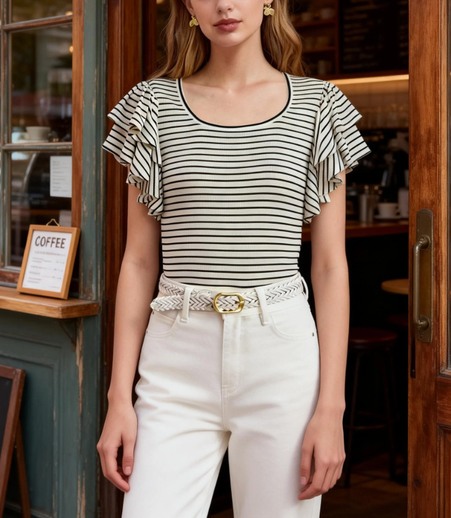 Women's Ribbed Knit Ruffled Short Sleeve Top 6