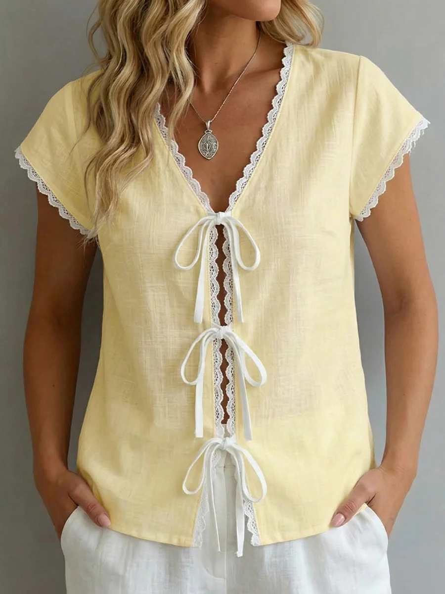 Contrast Lace-Trim Short Sleeve Top 7