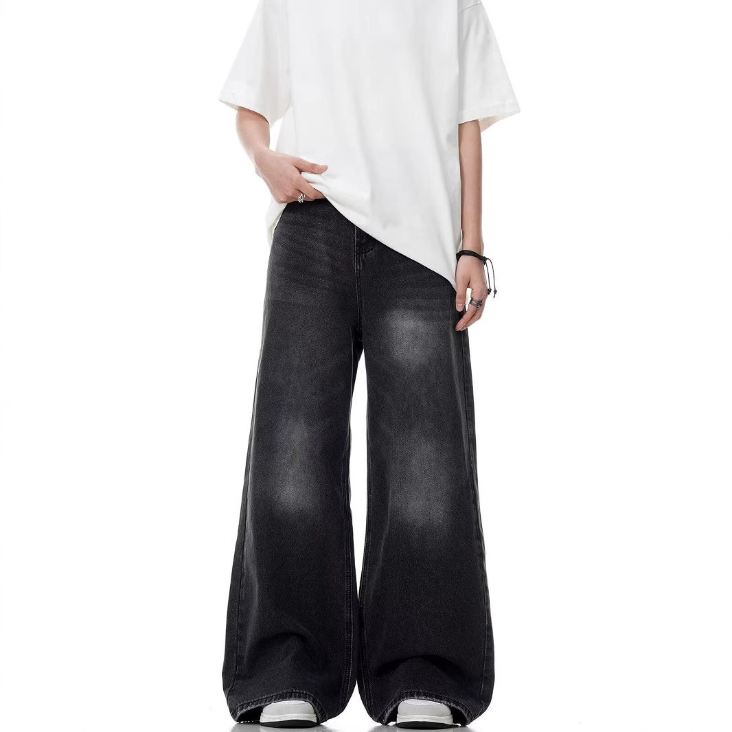 Washed Distressed Straight-Leg Loose Retro Black Jeans