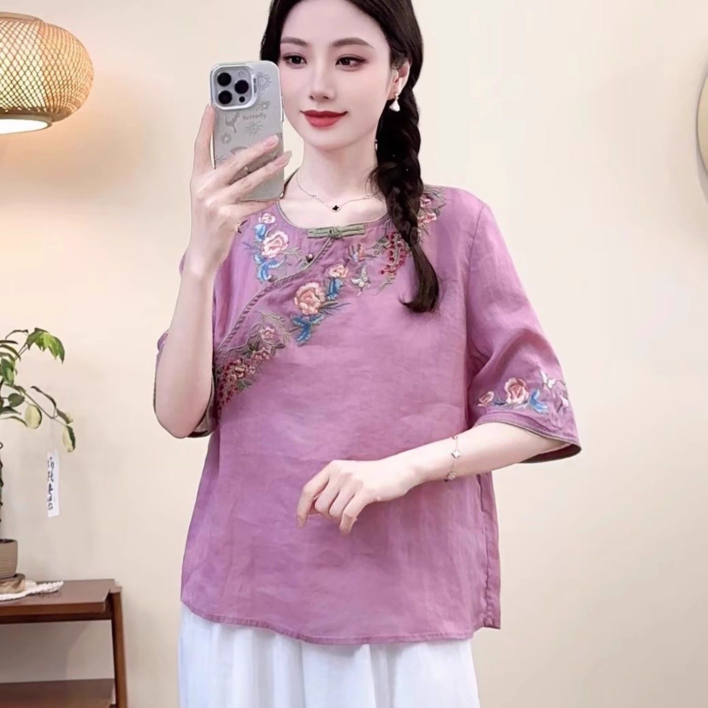 Women's Embroidered Cotton-Linen Short Sleeve Shirt 7