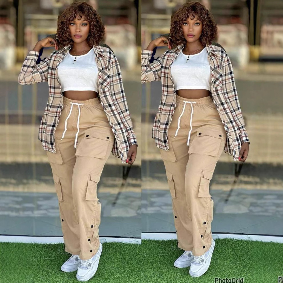 Women's 3-Piece Plaid Shirt and Cargo Pants Suit