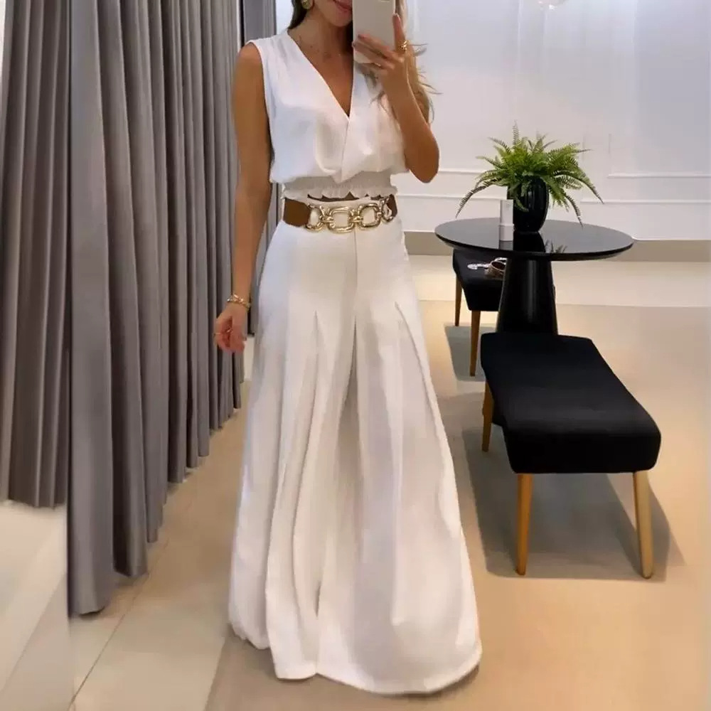 White Women's V-Neck Vest and Wide-Leg Suit