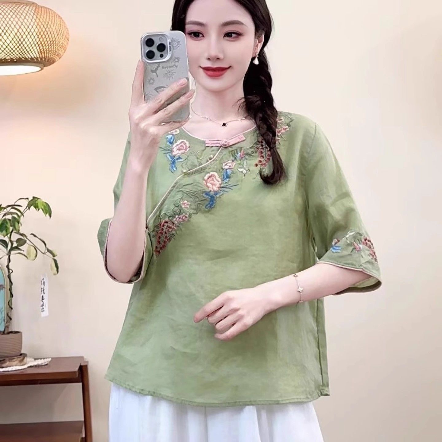 Women's Embroidered Cotton-Linen Short Sleeve Shirt 4
