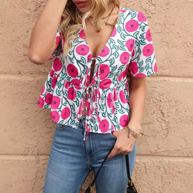 V-Neck Belted Top with Ruffled Short Sleeves 2
