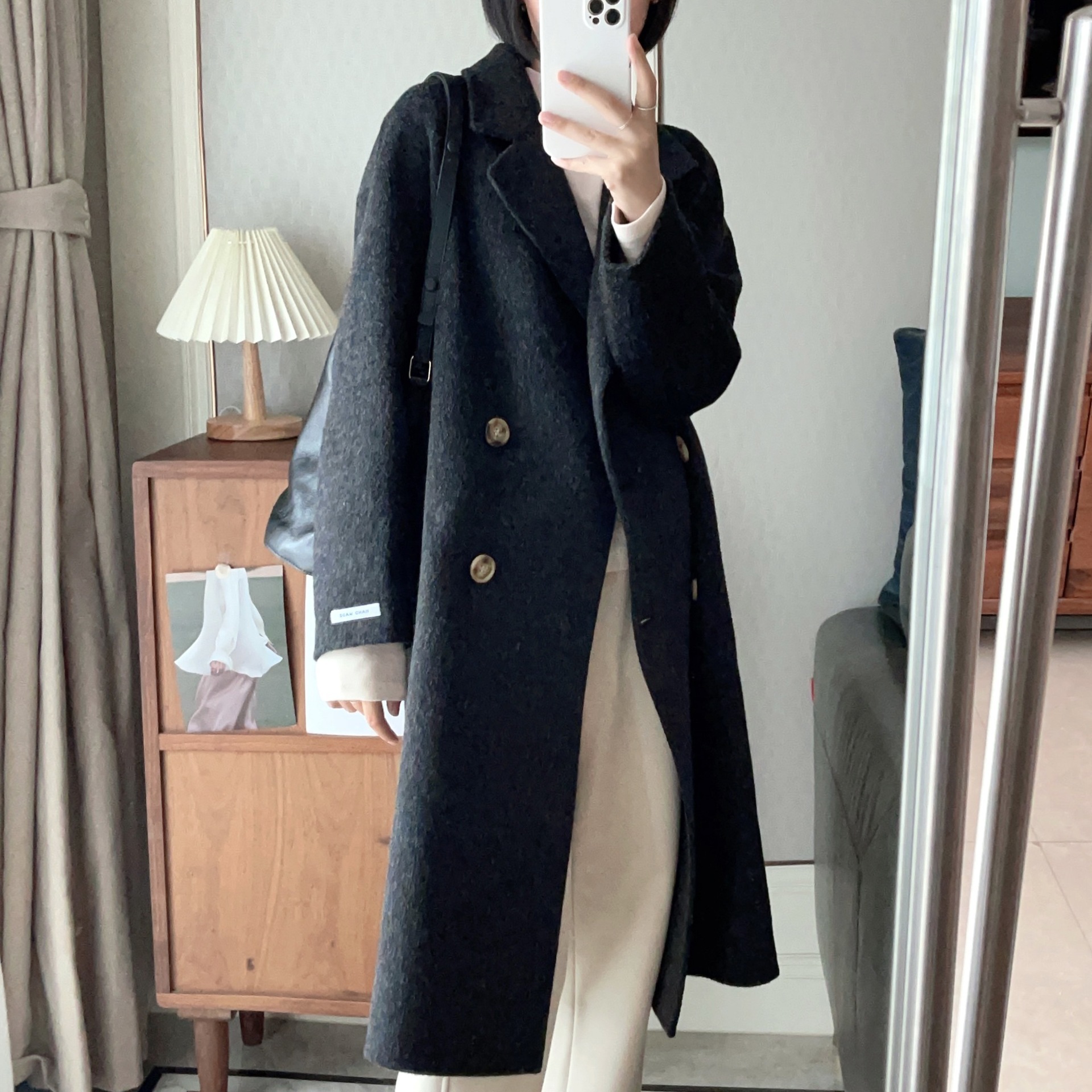 Long Reversible Wool Cashmere Overcoat, Mid-length