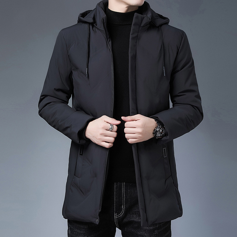 Thickened Mid-Length Men's Jacket with Detachable Hood