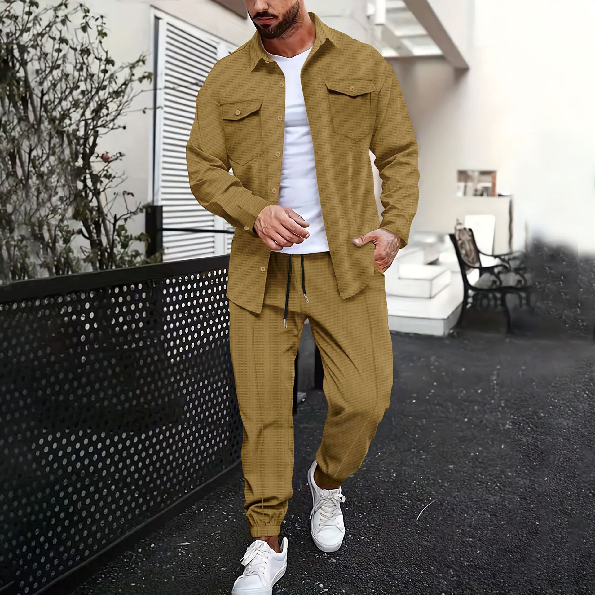 Men's Casual Set with Two-Pocket Shirt and Trousers