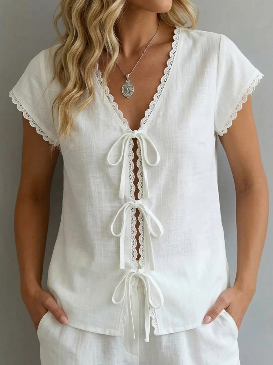Contrast Lace-Trim Short Sleeve Top 6