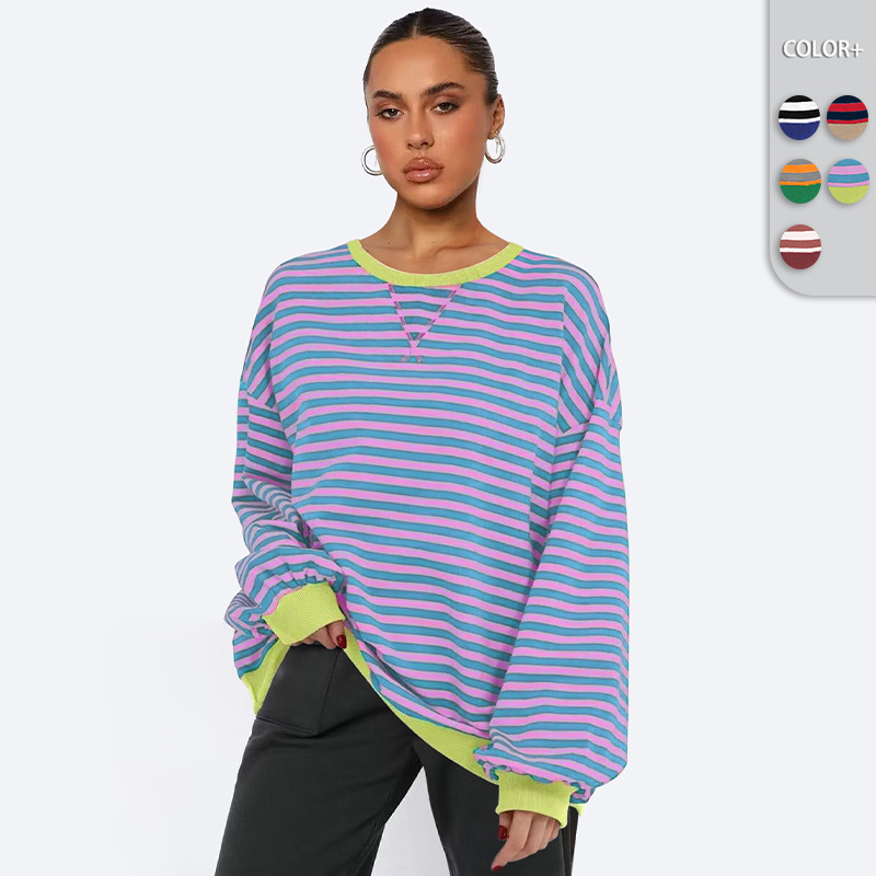 Women's Striped Round-Neck Sweater with Loose Sleeves