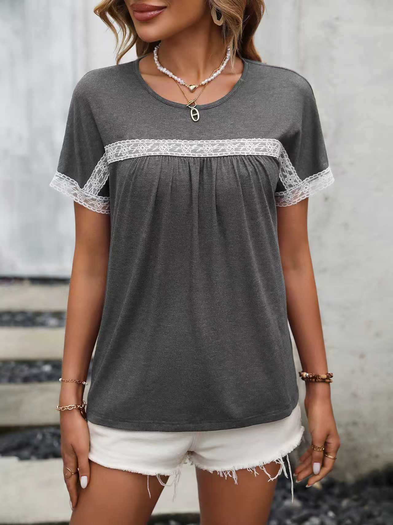 Lace-Panel Crew Neck Short Sleeve Top 9