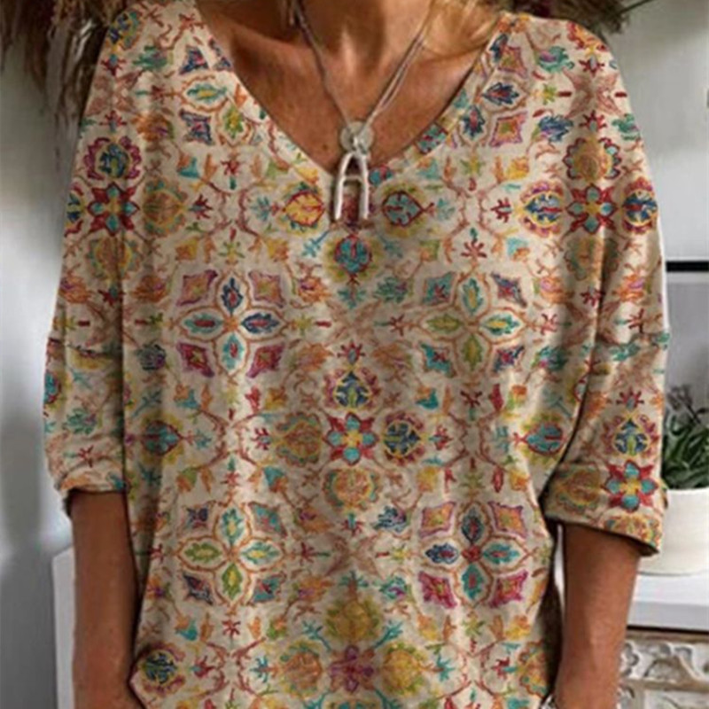 Women's casual printed loose V-neck mid-sleeve T-shirt