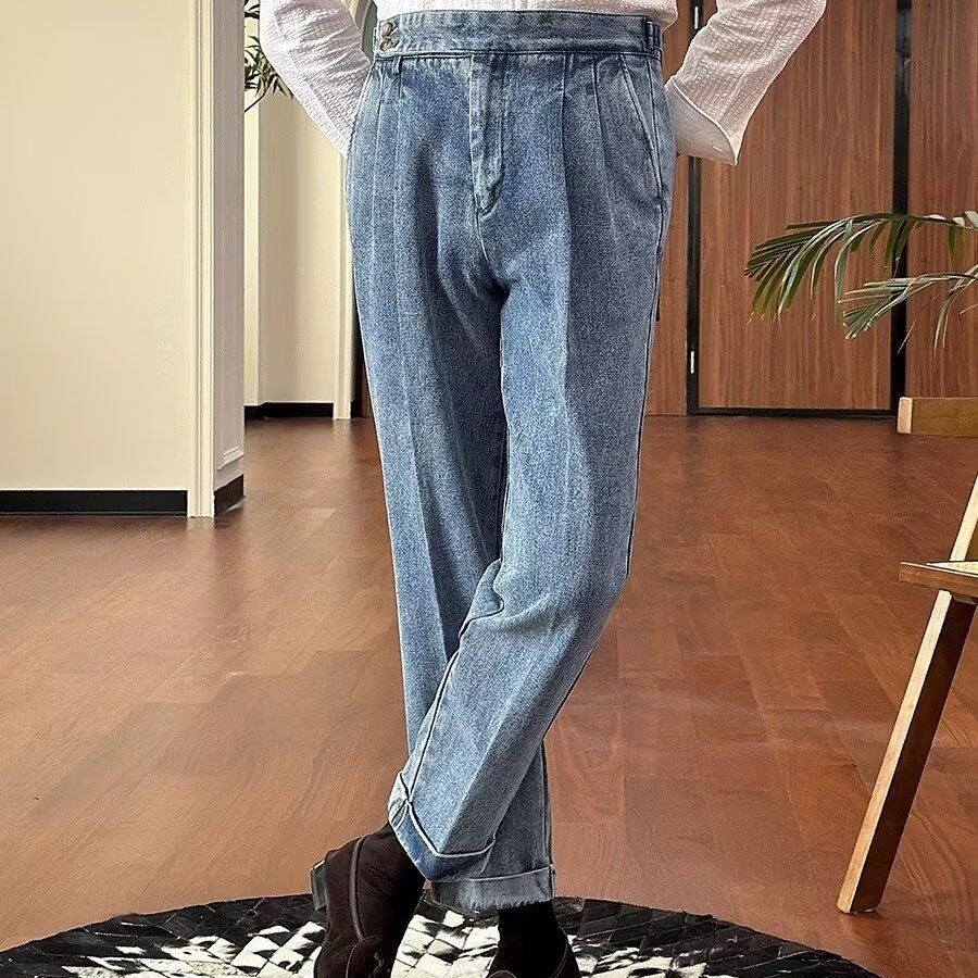 British High-Waist Men's Denim Suit Trousers