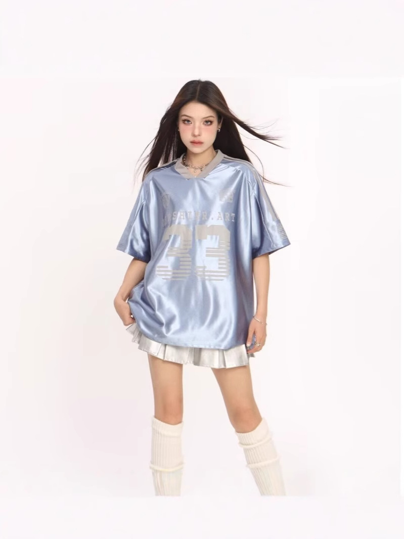 Retro V-Neck Letter Print Short Sleeve Top 5