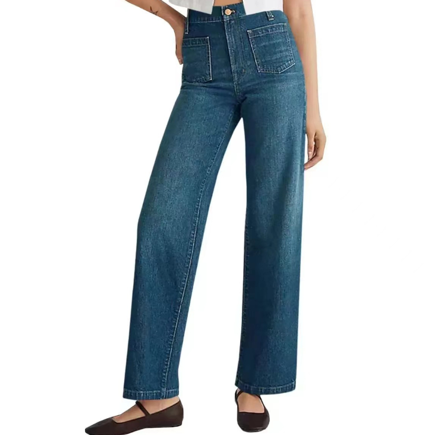 Washed Women's Wide-Leg Jeans with Square Pocket