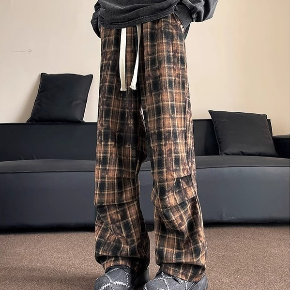 Plaid retro wide-leg casual pants