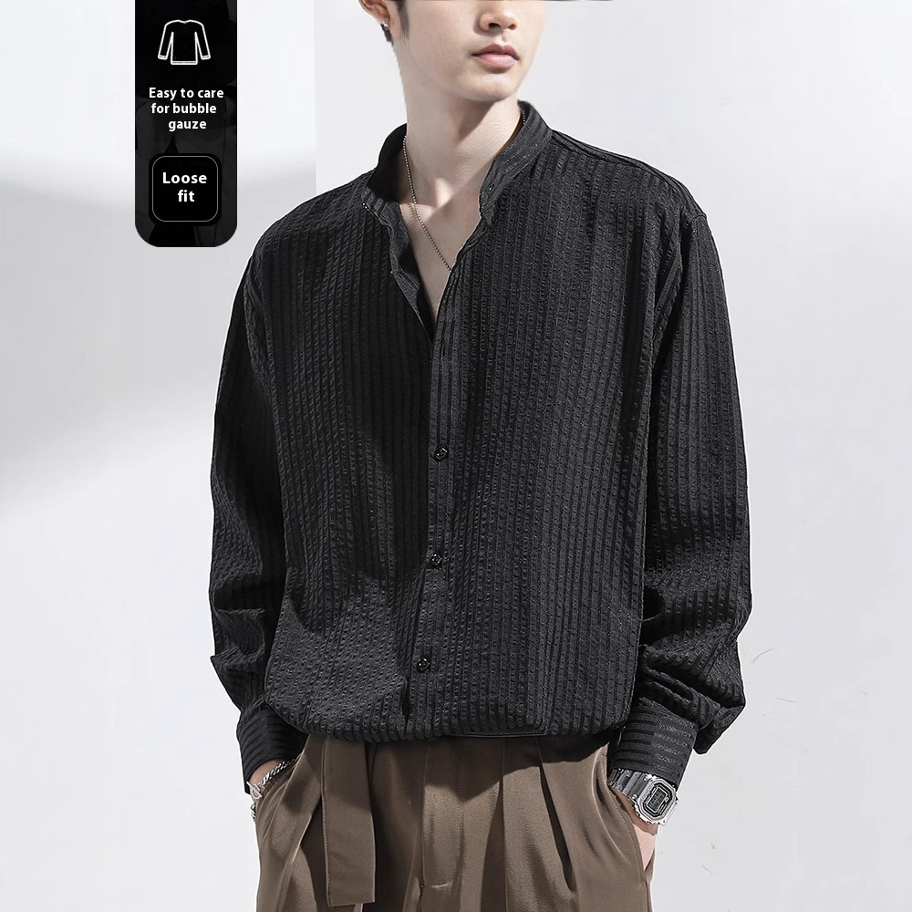 Men's Black Seersucker Long-Sleeve Shirt