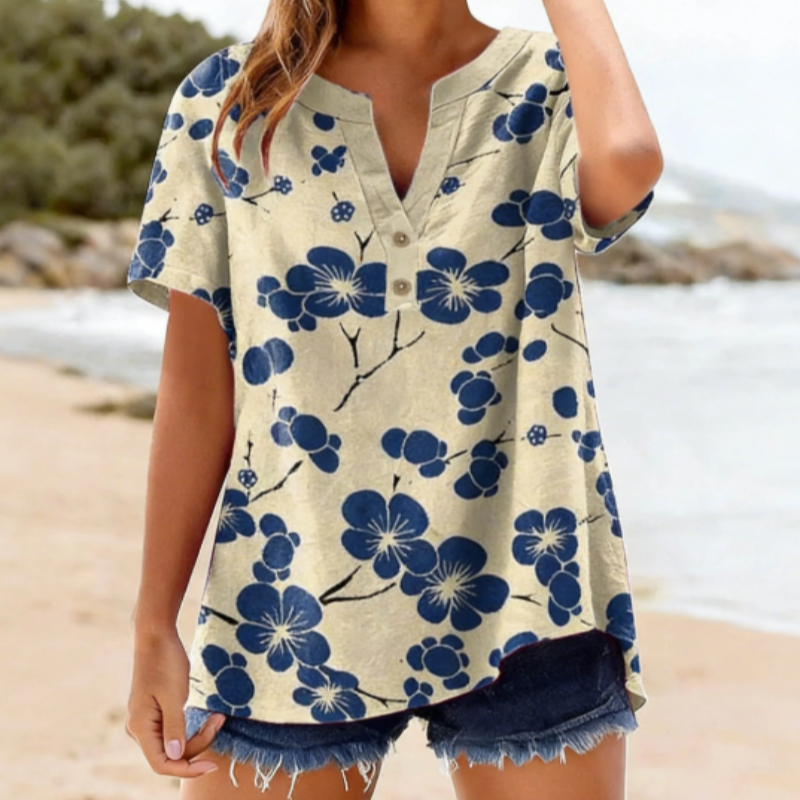 Blue Floral Print V-Neck Short Sleeve Henley Blouse