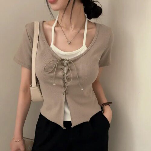 Cross-Strap Mock Two-Piece Halter T-Shirt 2